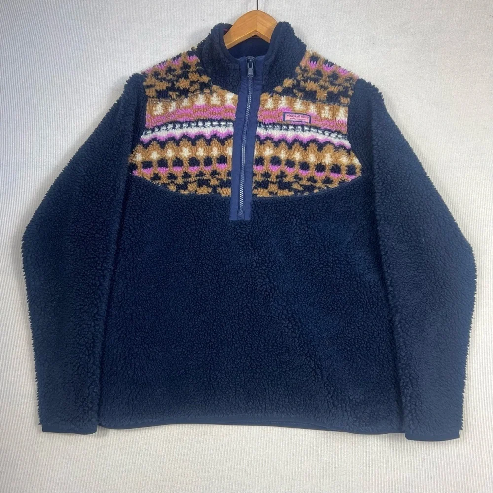Vineyard Vines Size MEDIUM Fair Isle Sherpa Fleece Half Zip Pullover Sweatshirt - Picture 4 of 12